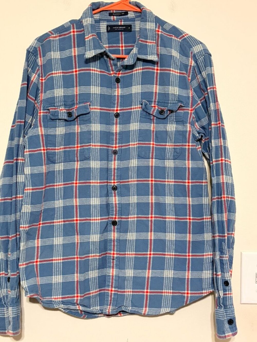 Men's Lucky Brand Blue Orange White Plaid Button Down Classic Fit Size Medium